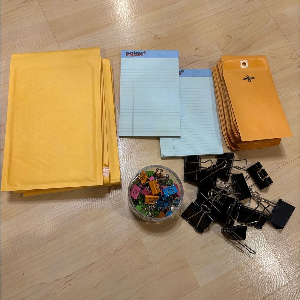 Yellow and Black Stationery write pad,polymailers with bubble lining,clips,ETC.